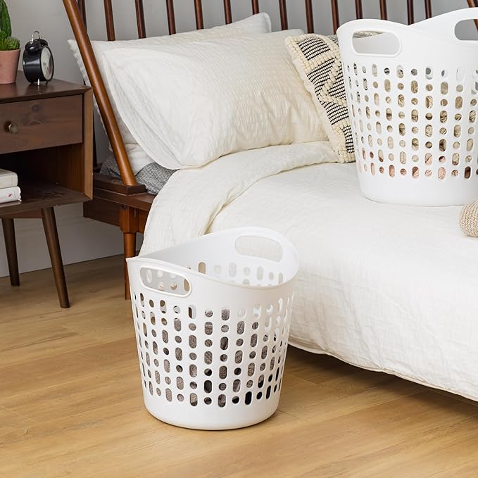 IRIS USA Laundry Basket Hamper, 27L Flexible Portable Plastic Dirty Clothes Bag with Ventilation Holes for Bedroom Bathroom Apartment Dorm Laundry Room Blankets Pillows Trinkets Organization, White