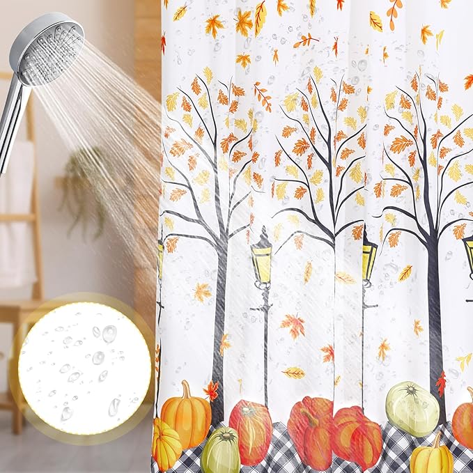 4 Pcs Thanksgiving Shower Curtain Set with Rugs, Leaves Fall Pumpkin Shower Curtains for Bathroom with Non-Slip Rug Toilet Lid Cover Bath Mat and 12 Hooks for Thanksgiving Shower-Room Home Decor