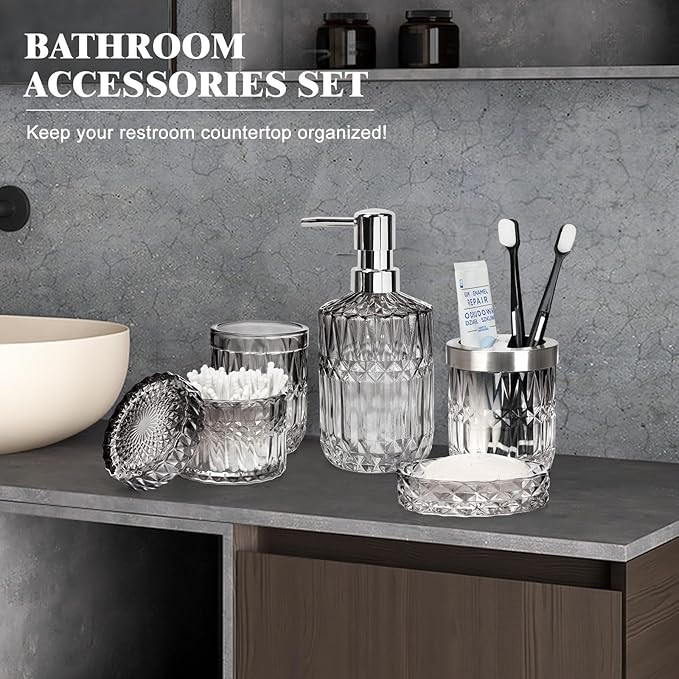 Glass Bathroom Accessories Set - 5Pcs Toothbrush Holder Set with Tumbler, Soap Dish & Cotton Swab Jar - Black and Clear Bathroom Accessories for Organised Space, Vintage Gift