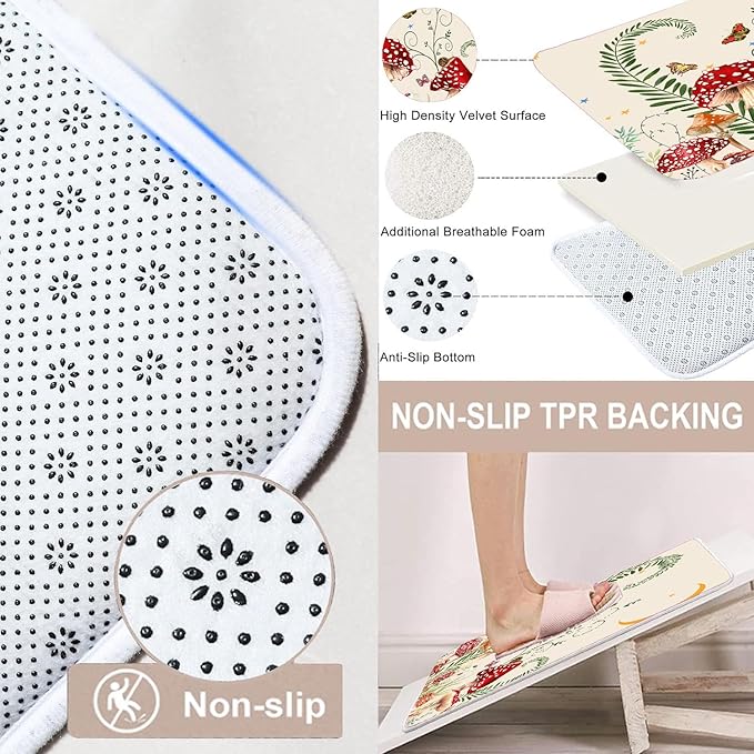 4PCS Mushroom Butterfly Flower Bathroom Shower Curtain Set with Rugs, Toilet Lid Cover and Bath Mat, Moon Stars Shower Curtain with 12 Hooks, Durable Retro Bathroom Decor Set