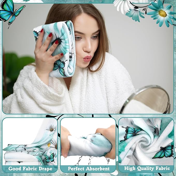 FuWeave 8 Pcs Rustic Farmhouse Shower Curtain Sets for Bathroom Daisy Floral and Butterfly Shower Curtain Sets with Rugs, Flowers Towels, Non-Slip Rug, Toilet Lid Cover, Bath Mat and 12 Hooks(Teal)