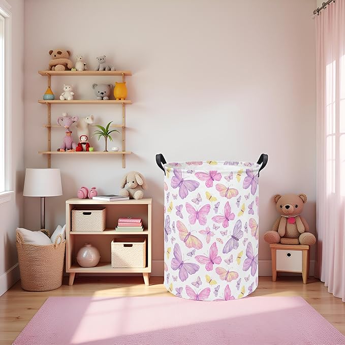 Baby Laundry Hamper kids laundry Basket Waterproof Storage Bin for Bedroom Toy Clothes Organizer Basket Woodland Animals Room D??cor(Pink Butterfly)