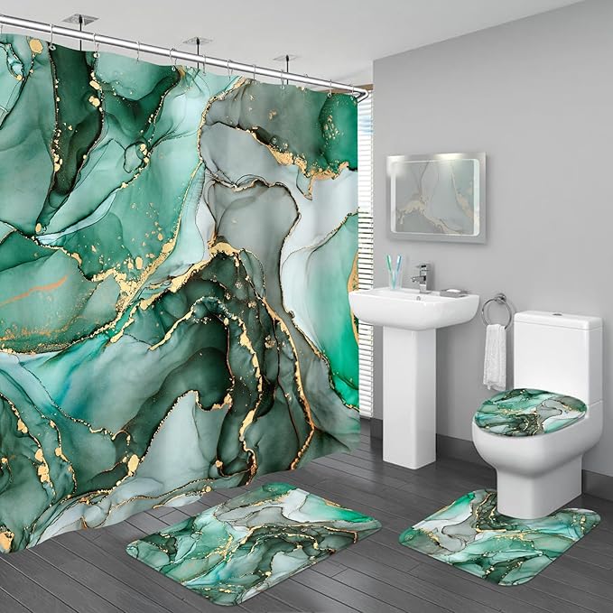 4PCS Emerald Green Marble Bathroom Sets with Shower Curtain and Rugs, Abstract Shower Curtain Sets with Rugs, Gold Bathroom Curtains Shower Set with Toilet Lid Cover Accessories