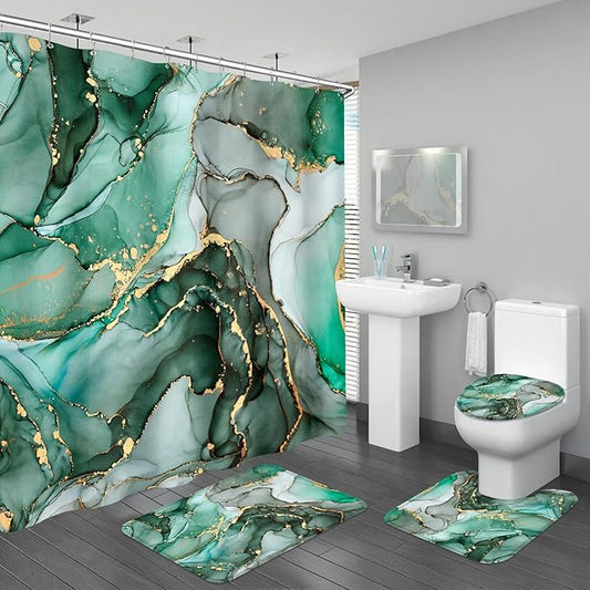 4PCS Emerald Green Marble Bathroom Sets with Shower Curtain and Rugs, Abstract Shower Curtain Sets with Rugs, Gold Bathroom Curtains Shower Set with Toilet Lid Cover Accessories