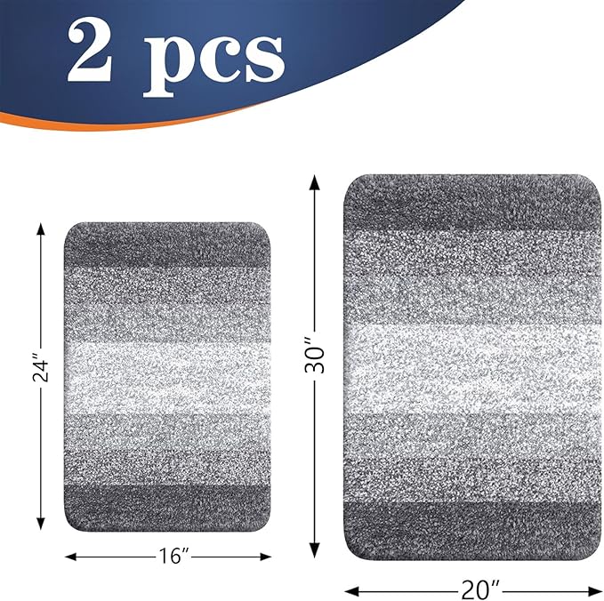 OLANLY Bathroom Rug Set 2 Piece, Soft Absorbent Microfiber Bath Rug Set, Non-Slip, Machine Wash Dry, Plush Shaggy Bath Mats for Bathroom (30"x20"+24"x16", Grey)