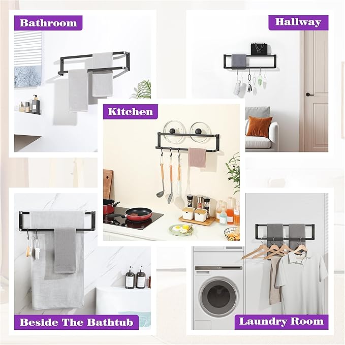 Alise Double Towel Bars for Bathroom,24'' Towel Holder Towel Racks for Bathroom Wall Mount,SUS304 Stainless Steel Double Towel Rail Towel Hanger for Bath Walls,Matte Black