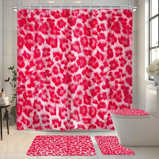 LIGHTINHOME 4 PCS Hot Pink Leopard Print Shower Curtain Set 72Wx72H,Toilet Lid Cover,Non-Slip Rugs and U-Shaped Mat,Wild Safari Cheetah Bathroom Sets with Rugs with 12 Hooks for Bathroom Decor