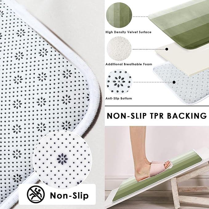 Striped Green Shower Curtain Set with Toilet Lid Cover and Non-Slip Rugs for Bathroom, Minimalist Neutral Ombre 4 Pcs Shower Curtain, Modern Bathroom Set with 12 Hooks