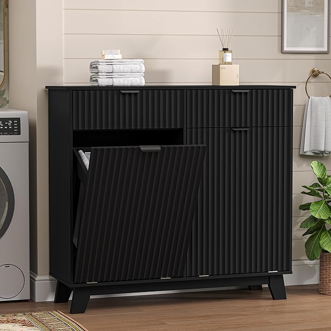 Wodeer Double Tilt Out Laundry Hamper Cabinet with 2 Drawers & Baskets, 20 Gallon Fluted Hidden Trash Can Cabinet, Farmhouse Wood Laundry Storage Cabinets for Bathroom, Kitchen, Black
