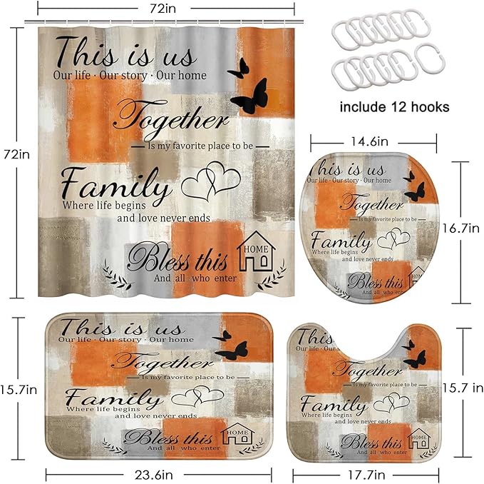 Family Home Motivational Shower Curtain Set with Toilet Lid Cover and Non-Slip Rugs for Bathroom, Orange Beige Abstract Painting Art 4 Pcs Shower Curtain, Modern Bathroom Set with 12 Hooks