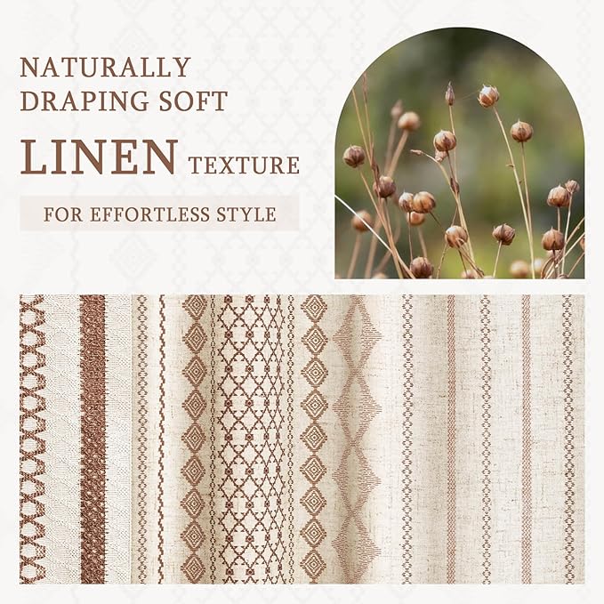 Boho Linen Shower Curtain for Bathroom,Brown Striped Print and Twine-Inspired Woven Center,72" W x 72" L