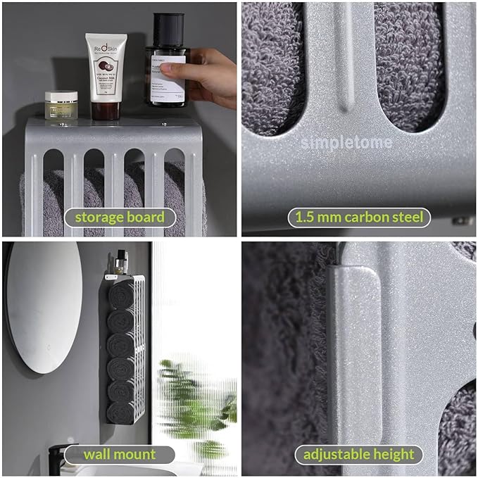 simpletome Towel Storage Rack Adjustable Height Wall Mount Bathroom Shelf Organizer Carbon Steel (Silver Grey)
