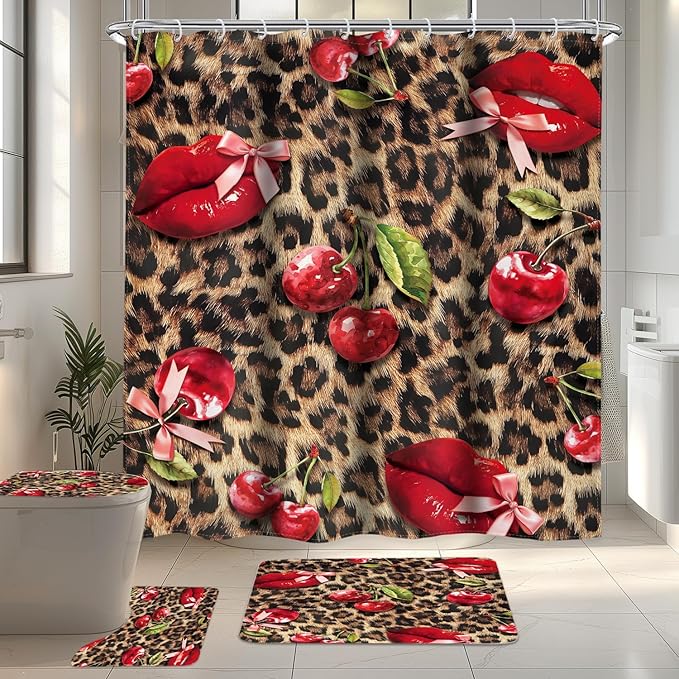 LIGHTINHOME 4 PCS Lip Cherry Leopard Shower Curtain Set 72Wx72H,Toilet Lid Cover,Non-Slip Rugs and U-Shaped Mat,Retro Cheetah Bathroom Sets with Rugs Shower Accessories 12 Hooks for Bathroom Decor