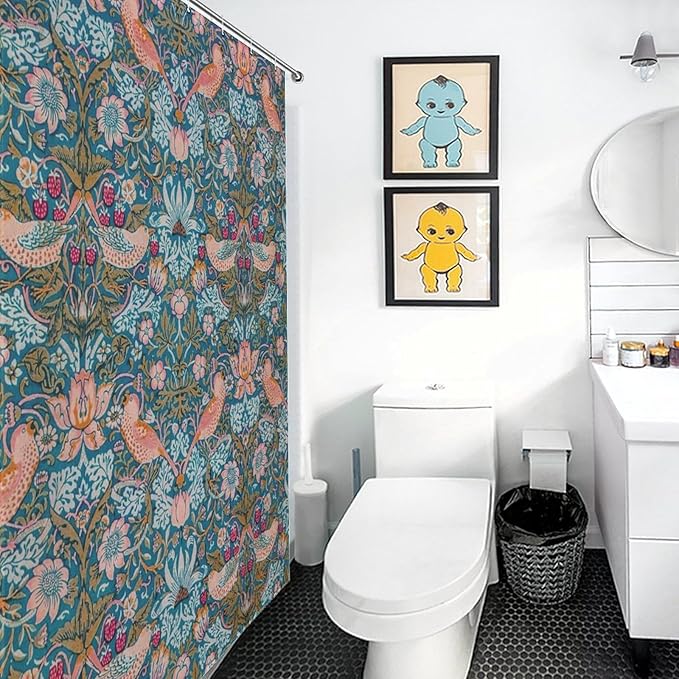 William Morris Shower Curtain,Original Design Vintage Flower Birds Strawberry Thief Pattern Print Shower Curtains Sets Polyester Waterproof Fabric Decor Bathroom Curtain 66"×72" Inch With 12 Hooks