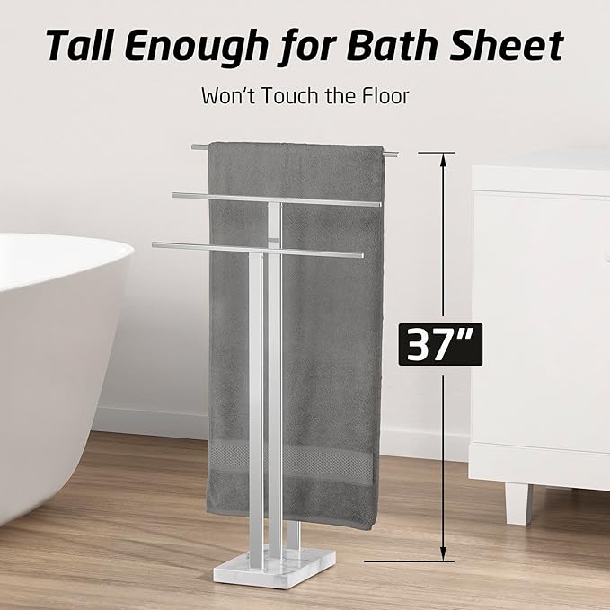 KES Standing Towel Rack 3-Tier with Marble Base, Free Standing Towel Racks for Bathroom Floor, Fits Large Bath Towel & Hand Towel, 18/8 Stainless Steel Polished Finish, BTH217S3