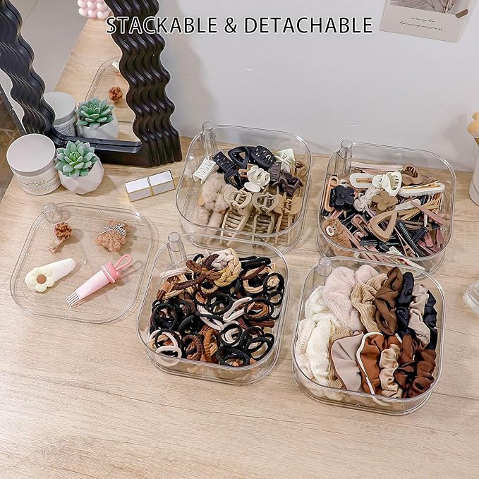 FABROK 4-Layer Girls Hair Tie Organizer, Rotating Hair Accessories Storage Holder for Vanity and Bathroom, Clear Plastic Container for Women Makeup Tools, Skincare Products
