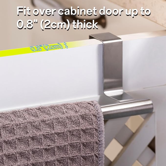 Over Cabinet Towel Bar 9", Kitchen Towel Rack Over Cabinet Door, Stainless Steel Cabinet Door Towel Holder, Dish Towel Holder for Cabinet Door, Silver, 2 Pack