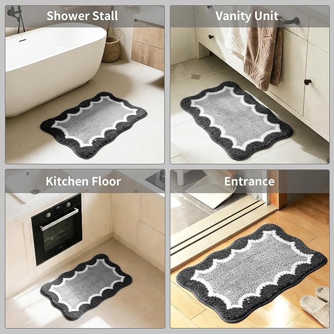Scalloped Black Small Bathroom Rugs Mat,Non Slip Absorbent Quick Dry Bath Mats for Shower Room,Plush Microfiber Bath Rug for Bathroom Floor Washable Carpet for Shower Tub Sink Bedroom,16"x24"