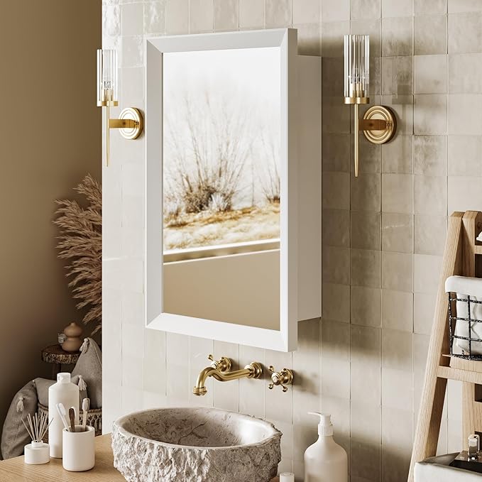 AGDULL Retro-Style Medicine Cabinet with 17’’x27’’ Solid Wood Mirror Frame, Bathroom Recessed Wall Cabinet, Living Room Wood Storage Cabinet, White