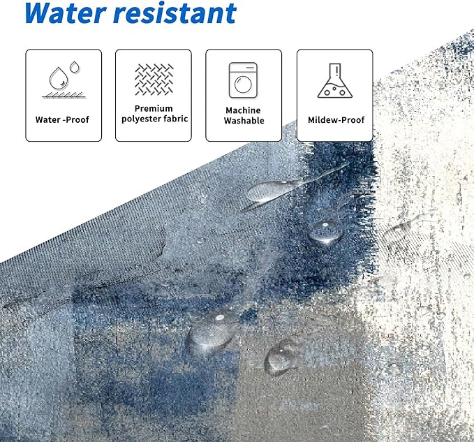 Lnond 4Pcs Grey Bathroom Shower Curtain Sets with Rugs, Blue and Grey Abstract Painting Gray Retro Bathroom Sets with Shower Curtain and Rugs and Accessories