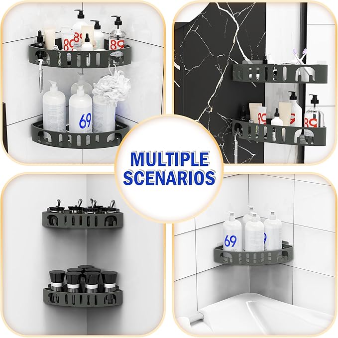 Adhesive Corner Shower Shelf No Drill | Rust-Proof Aluminum Alloy Stick On Bathroom Organizer with Shaving Holder for Shampoo, Conditioner, Soap, Razors Grey 3 Pack
