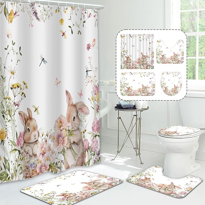 MEHOFOND 4pcs Easter Shower Curtain Sets Spring Easter Bunny Shower Curtain Set for Bathroom Cute Rabbits Floral Plant Watercolor Flower Bathroom Decor with Non-Slip Rugs Toilet Lid Cover and Bath Mat