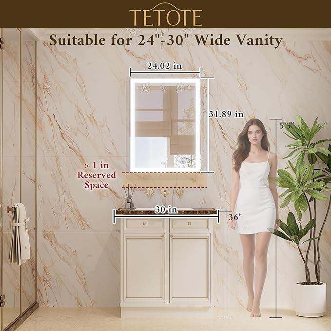TETOTE 24 x 32 LED Bathroom Medicine Cabinet with Adjustable Shelves, Black Aluminum Cabinet, Anti-Fog Stepless Dimmable 3 Colors White/Warm/Natural, Easy to Install(Wall Mount/Recessed)