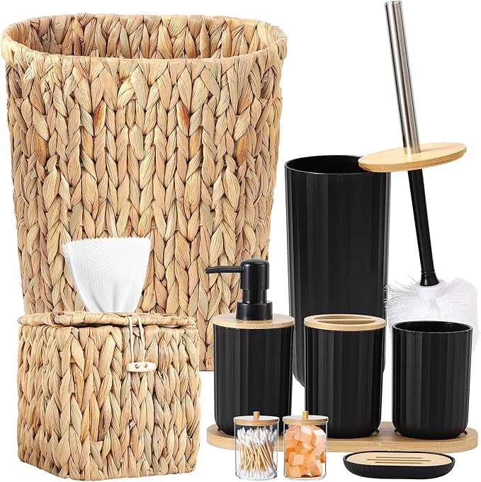 Bathroom Accessory Set, 10 Pieces Bath Set- Wicker Trash Can Tissue Box Soap Dish Toothbrush Holder Rinse Cup Lotion Bottle Toilet Brush Qtip Holder - Practical Bathroom Decor Sets (Ratten, Black)