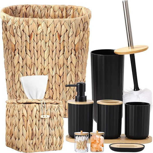 Bathroom Accessory Set, 10 Pieces Bath Set- Wicker Trash Can Tissue Box Soap Dish Toothbrush Holder Rinse Cup Lotion Bottle Toilet Brush Qtip Holder - Practical Bathroom Decor Sets (Ratten, Black)
