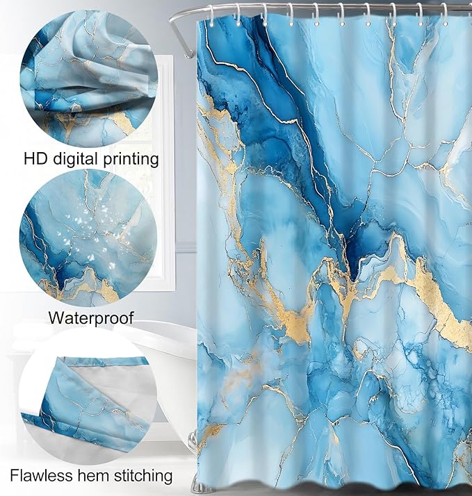 Lnond 4Pcs Marble Bathroom Sets with Shower Curtain and Rugs,Blue Gold Marble Modern Art Bathroom Shower Curtain Sets with Rugs and Accessories
