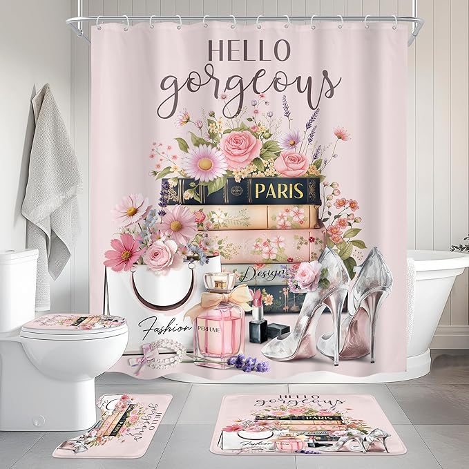 Cinbloo 4Pcs Pink Floral Shower Curtain Set, Fashion Flower Perfume High Heels Wildflower Girly Bathroom Curtain with Rug, Toilet Lid Cover, Bath Mat, Inspirational Quotes Shower Curtain with 12 Hooks