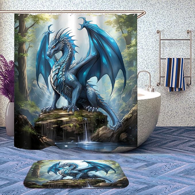 4 Pcs Dragon Forest Shower Curtain Set with Rugs,Toilet Lid Cover, Bath Mat, Fantasy Theme Magic Animal Bathroom Shower Curtain with 12 Hooks Accessories Decorative