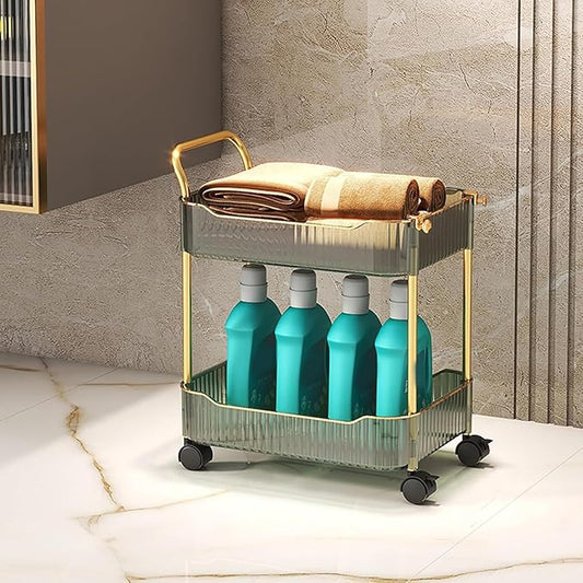 Acrylic Storage Trolley, Laundry Room Organization Mobile Shelves Bathroom Kitchen Rolling Utility Cart with Handle and Lockable Wheel(Green,14.1x10.2x17.3inch)