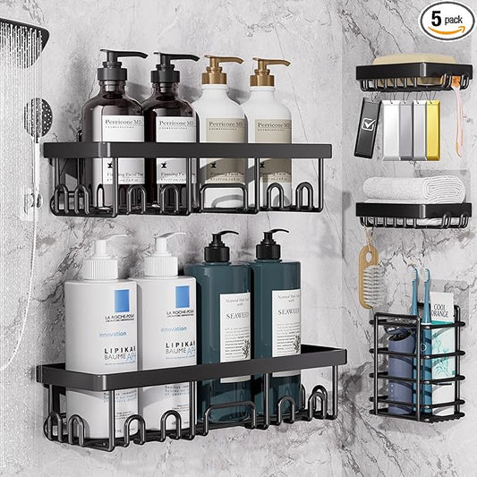Veken 5-Pack Rustproof & Waterproof Shower Caddy 5-Pack, No Drilling Adhesive Corner Shower Shelves, Rack For Inside Shower, Large Bathroom Organizer Storage Accessories, Ideal for Home&Kitchen, Black