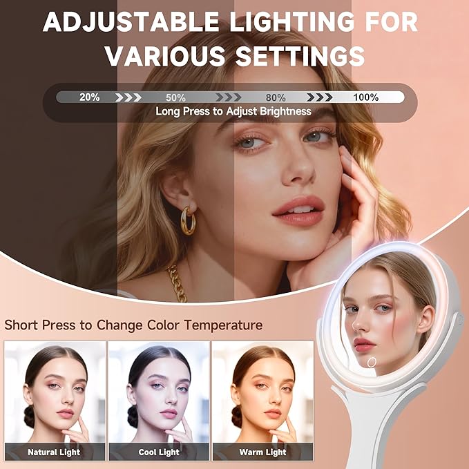 Hasipu Portable Travel Makeup Mirror with Lights – 360° Rotating with 1X/10X Magnifying, Rechargeable Tabletop Handhold Hanging 3 in 1 Mirror (White)