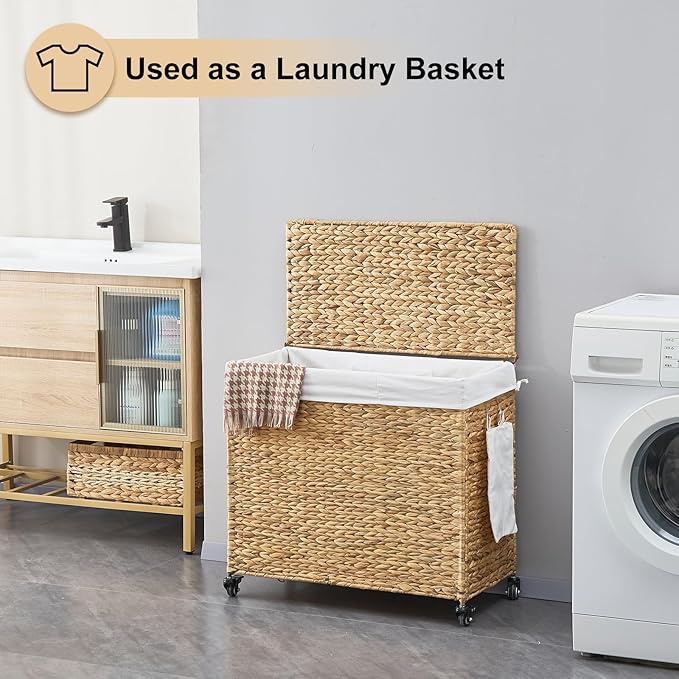 Handwoven Hamper with Lid, Laundry Basket with Wheels, Machine Washable Liner, 3 Section Clothes Hamper for Bathroom Laundry Room Bedroom(Natural, 165L)