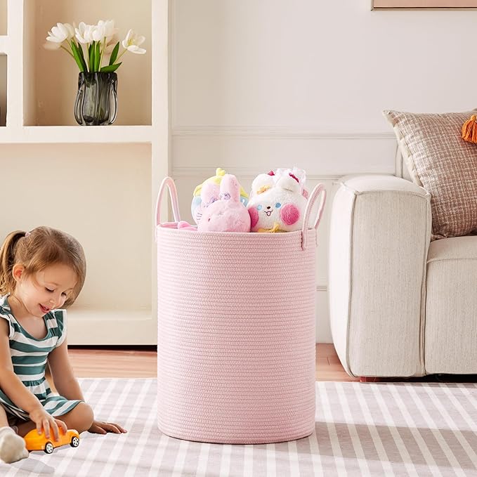 Large Pink Laundry Basket 15x20 Inches, 60L Woven Rope Hamper for Baby Girls and Kids, Nursery Storage Bin for Girls Room, Kawaii Bedroom Laundry Hamper