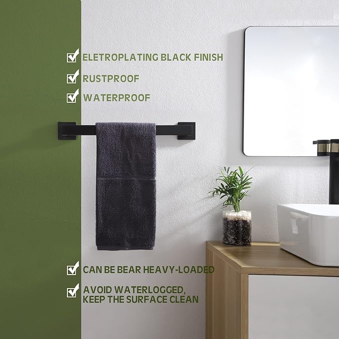 KOKOSIRI 16-Inch Single Towel Bar, Bathroom Kitchen Towel Holder, Wall Mounted SUS304 Stainless Steel Towel Rack 2 Pack, Matte Black, B4003BK-L16-P2