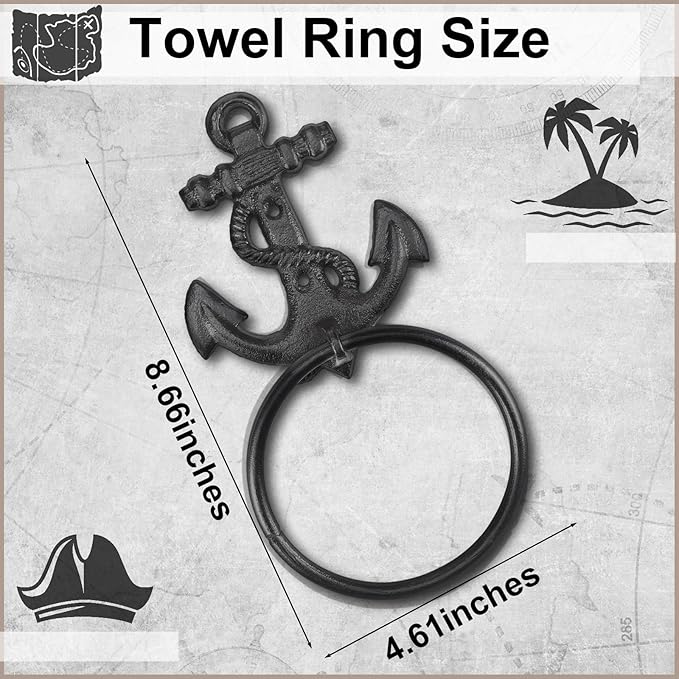 2 Pcs Nautical Towel Ring Cast Iron Anchor Hand Towel Holder Vintage Decorative Wall Mount Kitchen Bathroom Hanger for Ocean Nautical Bathroom Decor Accessories(Black)