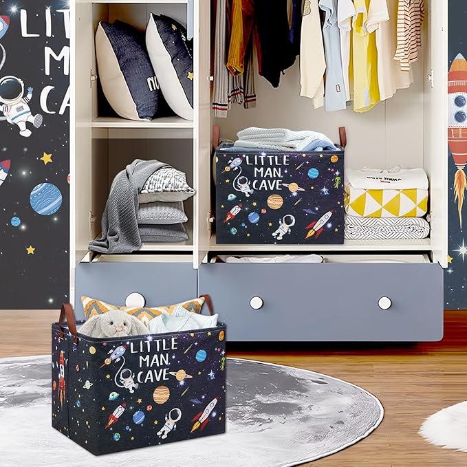 Astronaut Rockets Nursery Laundry Hamper,Space Storage Basket with Inspirational Quotes,Planets Boy Room Decor Shelf Basket ,Rectangular Clothes Book Toy Storage Bin (Black)