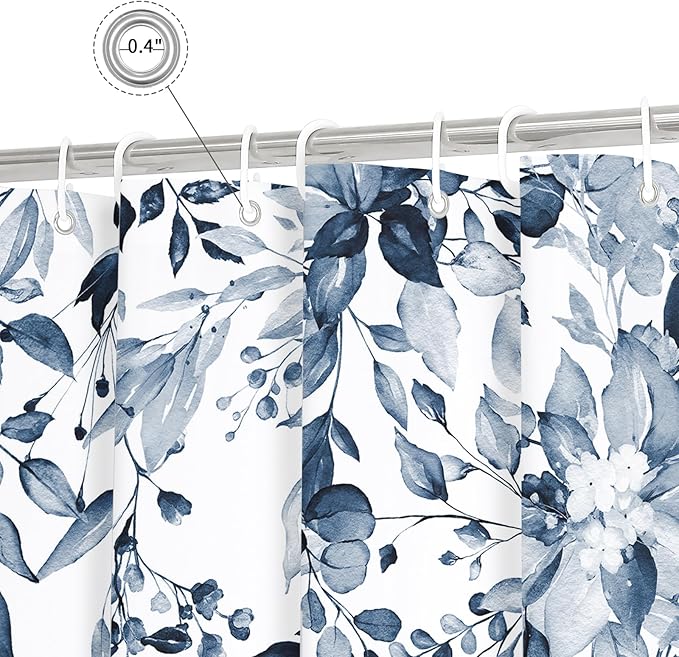 Gibelle Long Shower Curtain 72 x 78, Navy Blue Floral Shower Curtain for Bathroom, Watercolor Plant Eucalyptus Leaves Fabric Shower Curtain Set