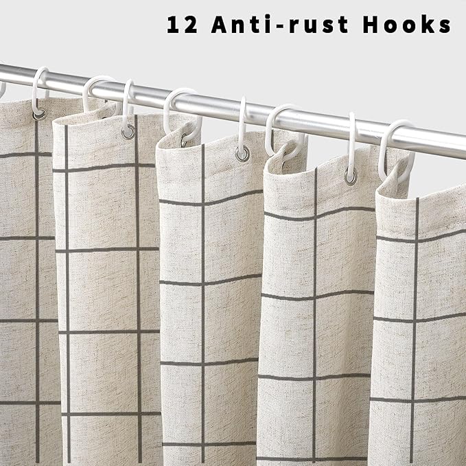 Farmhouse Plaid Shower Curtain Beige Linen Shower Curtains for Bathroom Natural Gray Pattern 72 x 72 Inch
