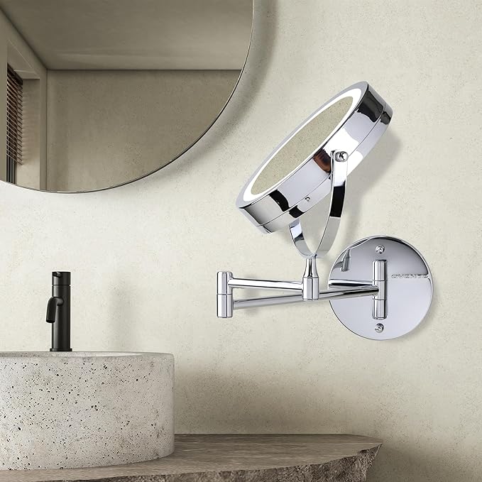 OVENTE Wall Mounted Lighted Makeup Mirror, 7" Double Sided 1X/10X Magnifying Vanity Mirror for Bathroom with LED Lights, Cordless, 360° Rotation and 13" Extendable Arm, Polished Chrome MFW70CH1X10X