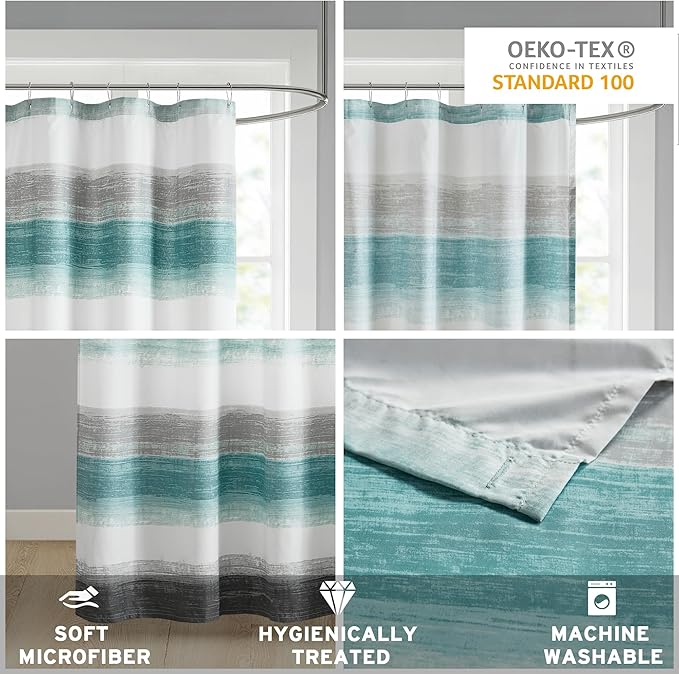 Madison Park Essentials Shower Curtain, Watercolor Print Multi Blue Shower Curtain for Bath Room, Modern Bathroom Décor, Machine Washable, Microfiber Fabric Shower Curtain, Saben, 72x72 Aqua/Grey
