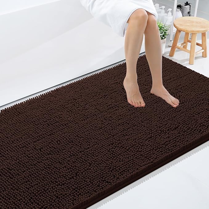 Smiry Luxury Chenille Bathroom Rugs 59x35, Extra Soft and Absorbent Shaggy Bath Mat, Machine Washable, Non-Slip Plush Carpet Runner for Tub, Shower, and Floor, Home Decor Accessories, Brown