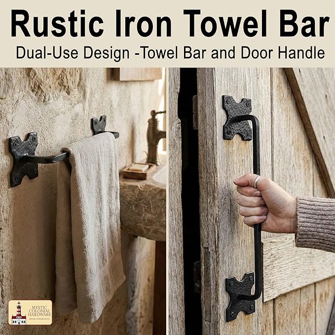 Mystic Colonial Cast Iron Towel Bar � 20 Inch Hand-Forged Rustic Wall Mounted Metal Rack for Bathroom, Kitchen, or Entryway � Vintage Black Heavy-Duty Towel Holder