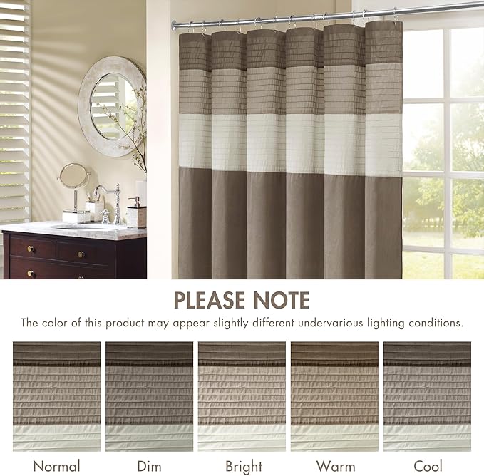 Madison Park Amherst Bathroom Shower Curtain Faux Silk Pieced Striped Modern Microfiber Bath Curtains, 72x84 Inches, Natural