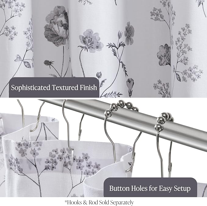 Martha Stewart Martha's Garden Shower Curtain Botanical Floral Print Cotton Shower Curtain for Bathroom, Spa Quality Modern Shower Curtains Standard Size, 72x84 Black