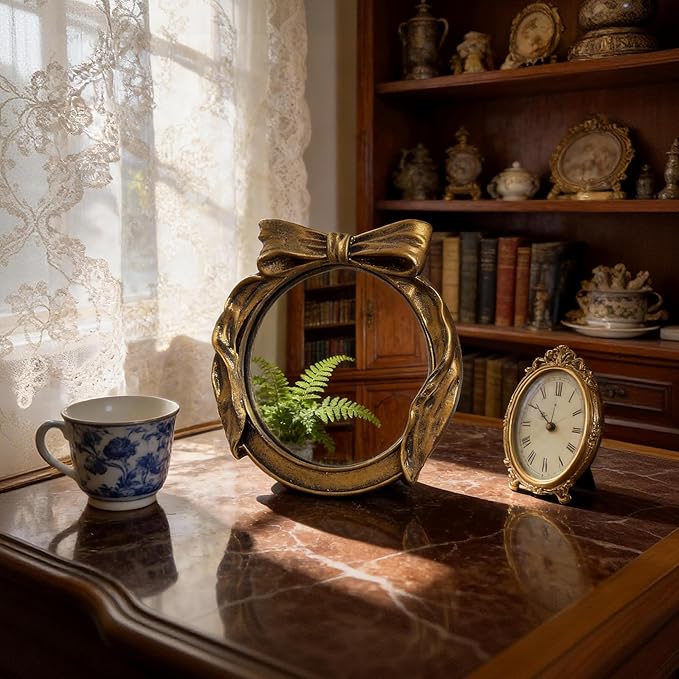 Vintage Round Vanity Desk Mirror - 6x6Inch Wall-Mounted & Tabletop Decorative Ornate Gold Accent Retro Makeup Mirror for Bedroom Dresser Living Room Bathroom Dorm Champagne Gold