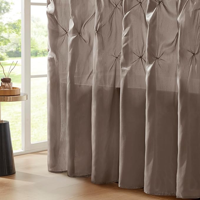 Madison Park Laurel Semi-Sheer Taupe Shower Curtain – Lightweight Faux Silk Fabric, 72x72 in, Light Filtering, Modern Style Bathroom Curtain Textured Tufting Detail Modern Mid-Century Bathroom Decor